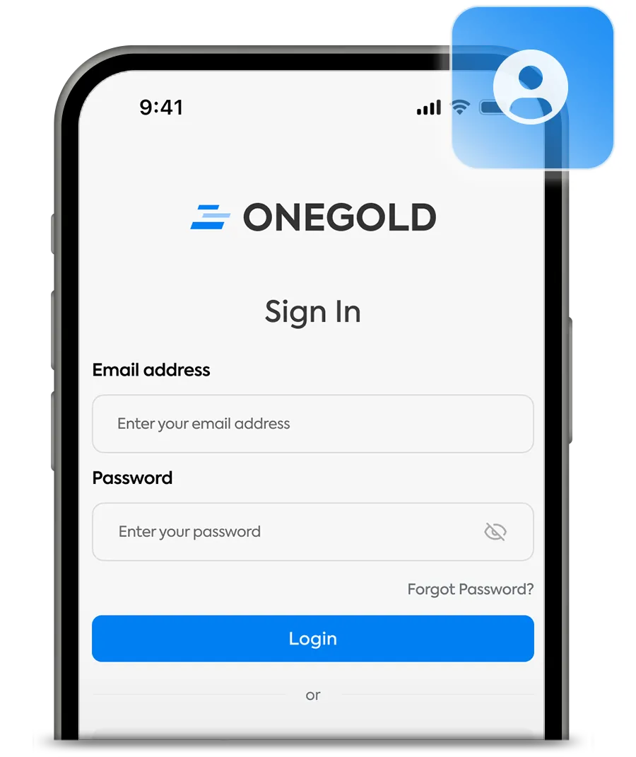 The OneGold app showing the buy flow