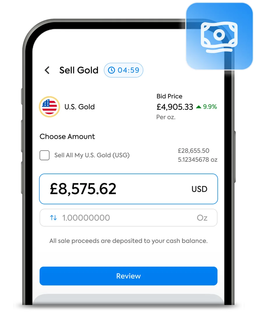 The OneGold app’s Sell Gold screen