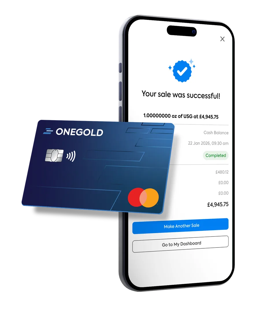 The OneGold app confirming your sale, next to a payment card