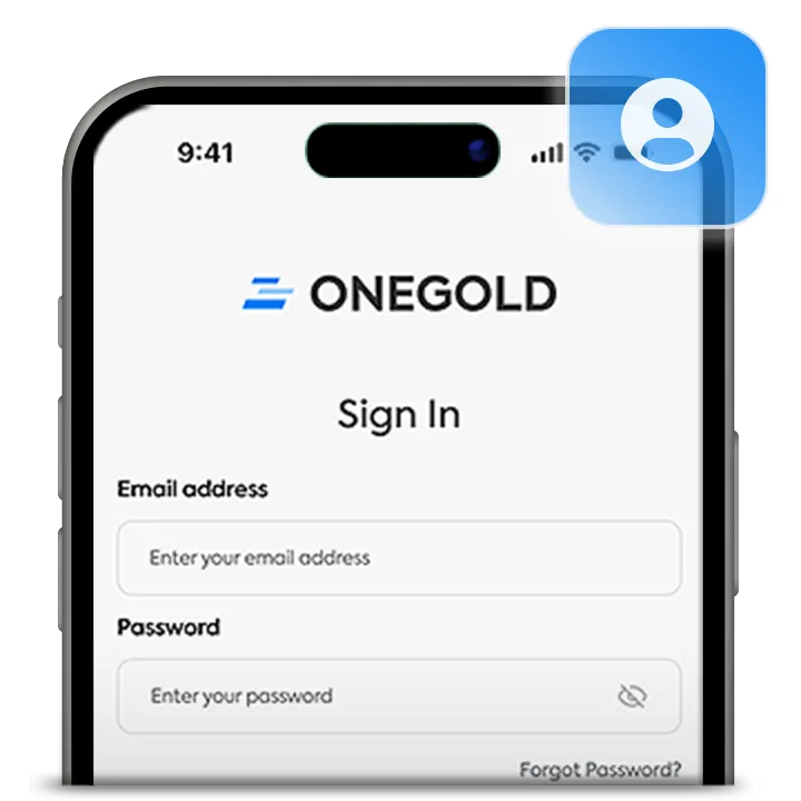 OneGold app sign-in screen for creating an account