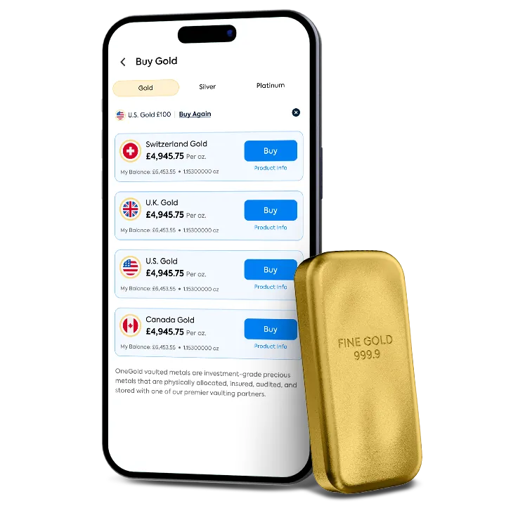 OneGold app buy-gold screen beside a physical gold bar