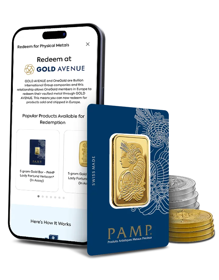 OneGold app showing physical metal redemption with a PAMP gold bar and coins