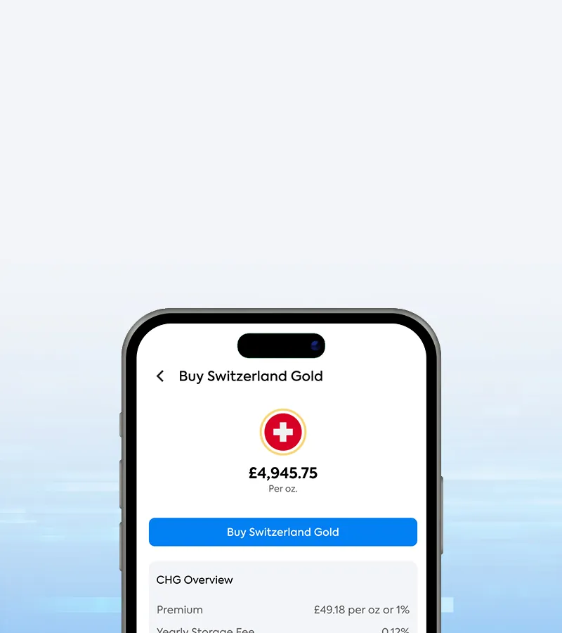OneGold app screen showing a Switzerland gold purchase